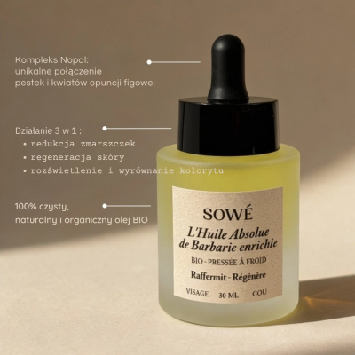 Szklana buteleczka ekskluzywnego serum z nasion i kwiatów opuncji figowej marki SOWÉ.
