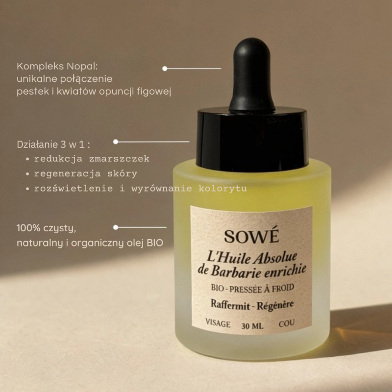 Buteleczka serum z nasion i kwiatów opuncji figowej marki SOWÉ wraz z opisanym działaniem 3w1