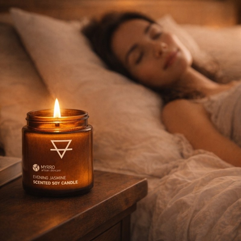Zapalona świeca sojowa Evening Jasmine stwarzająca relaksujący klimat w sypialni