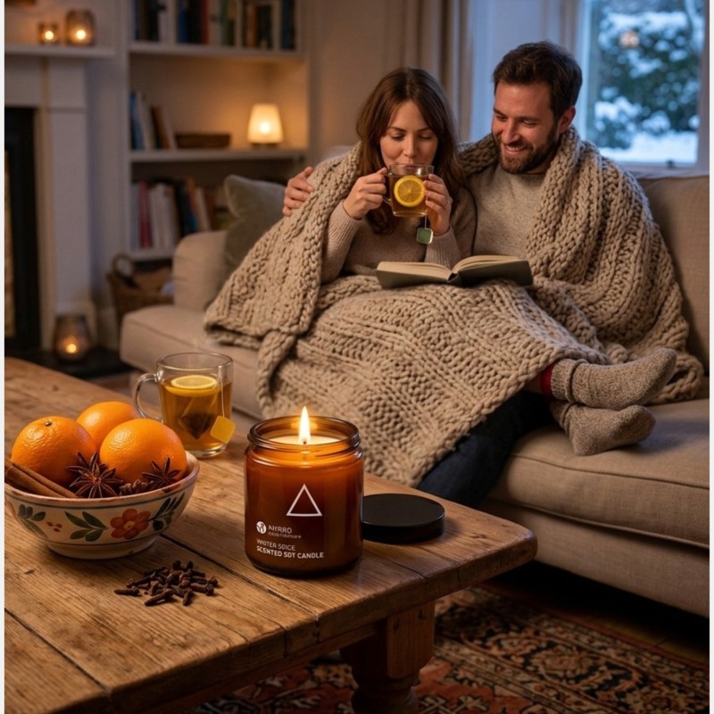 Zapalona naturalna świeca sojowa Winter Spice tworząca ciepły klimatyczny nastrój
