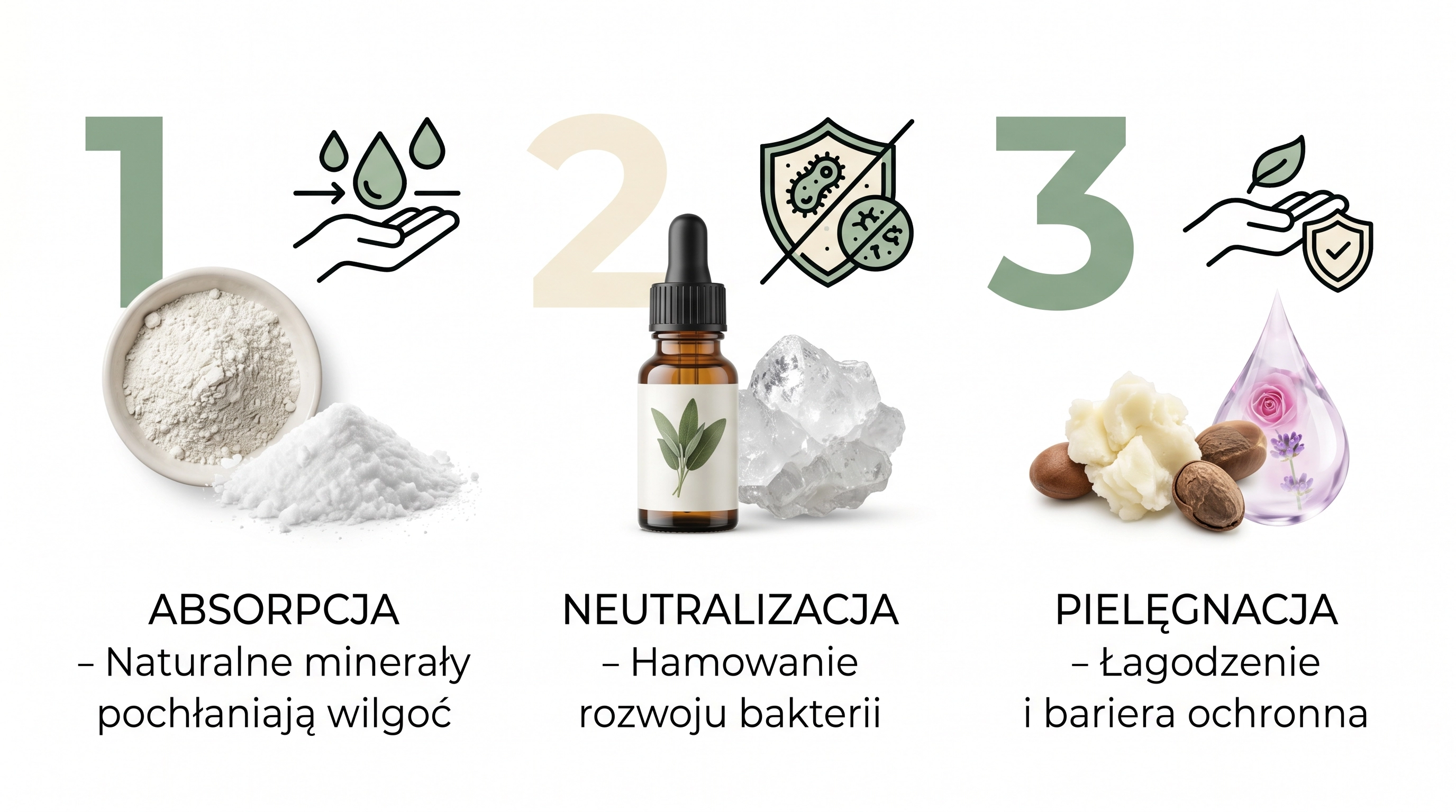 Schemat działania naturalnego dezodorantu: neutralizacja bakterii, absorpcja wilgoci i pielęgnacja skóry
