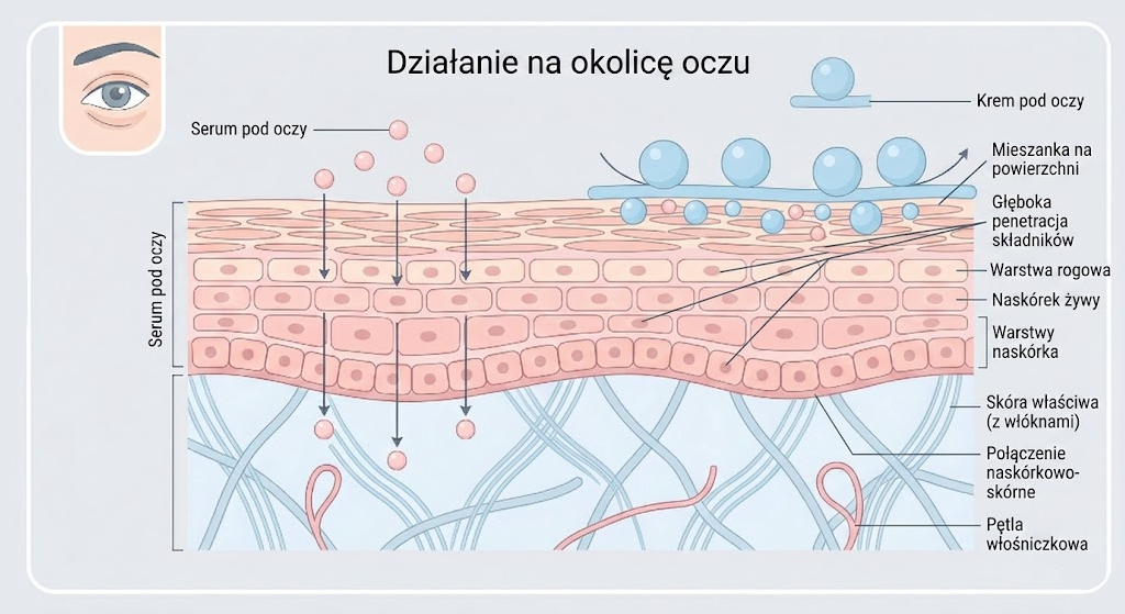 Schemat kosmetologiczny przedstawiający różnicę w penetracji naskórka przez serum i krem pod oczy.