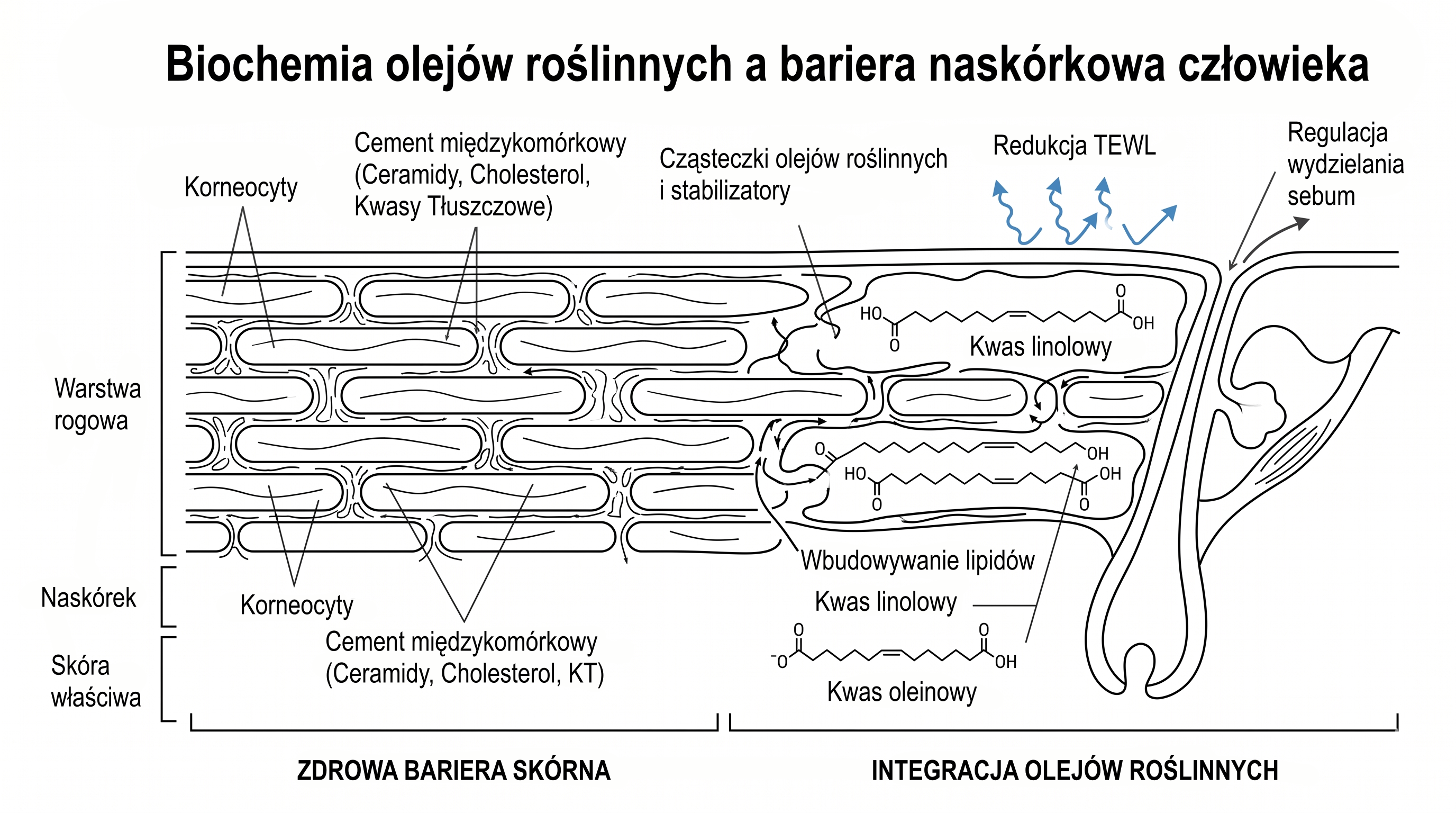 Schemat pokazujący jak naturalny olejek do twarzy chroni skórę przed utratą wody i wzmacnia barierę lipidową naskórka